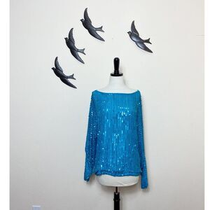 Vintage Judith Ann Creations Blue Sequin Blouse - M ~ Love Boat / Golden Girls!
